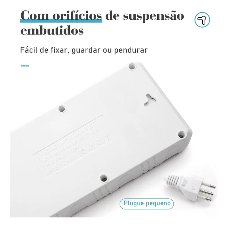 Filtro de Linha Extensão Tomada Régua, 5 Tomadas, 2 Porta USB, 1 Porta USB Tipo-C