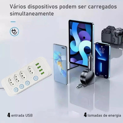 Filtro de Linha Extensão Tomada Régua, 5 Tomadas, 2 Porta USB, 1 Porta USB Tipo-C