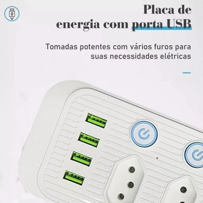 Filtro de Linha Extensão Tomada Régua, 5 Tomadas, 2 Porta USB, 1 Porta USB Tipo-C