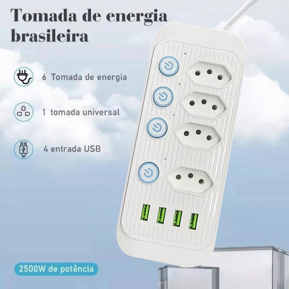 Filtro de Linha Extensão Tomada Régua, 5 Tomadas, 2 Porta USB, 1 Porta USB Tipo-C