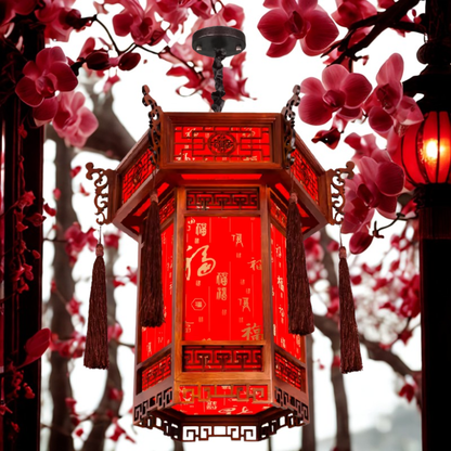 Luminária pendente de lanterna de madeira vermelha estilo chinês, abajur retrô