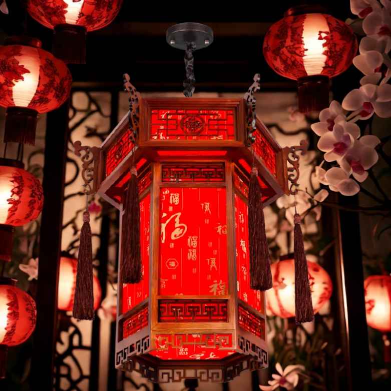 Luminária pendente de lanterna de madeira vermelha estilo chinês, abajur retrô