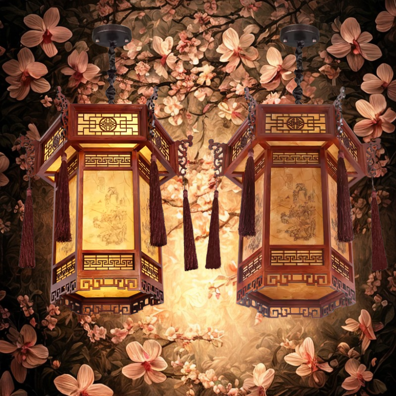 Luminária pendente de lanterna de madeira vermelha estilo chinês, abajur retrô