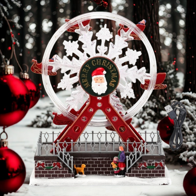 Roda-gigante rotativa de Natal de 28 cm com luzes LED, acompanhada música alegre Natal