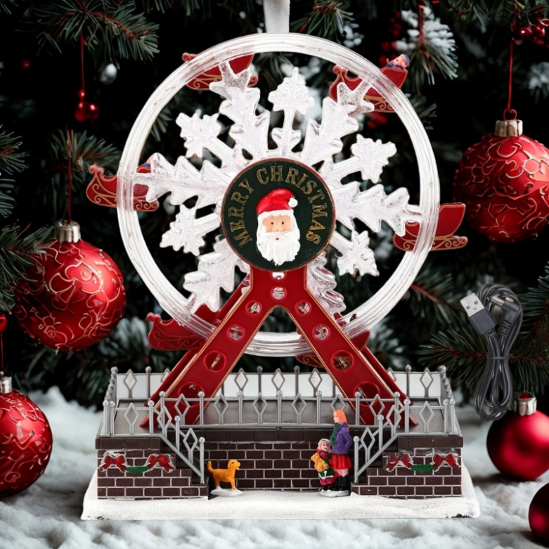 Roda-gigante rotativa de Natal de 28 cm com luzes LED, acompanhada música alegre Natal