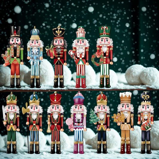 Kit de 12 Bonecos Natalinos Colorido Quebra-Nozes 15cm Decorativos de Natal e Madeira