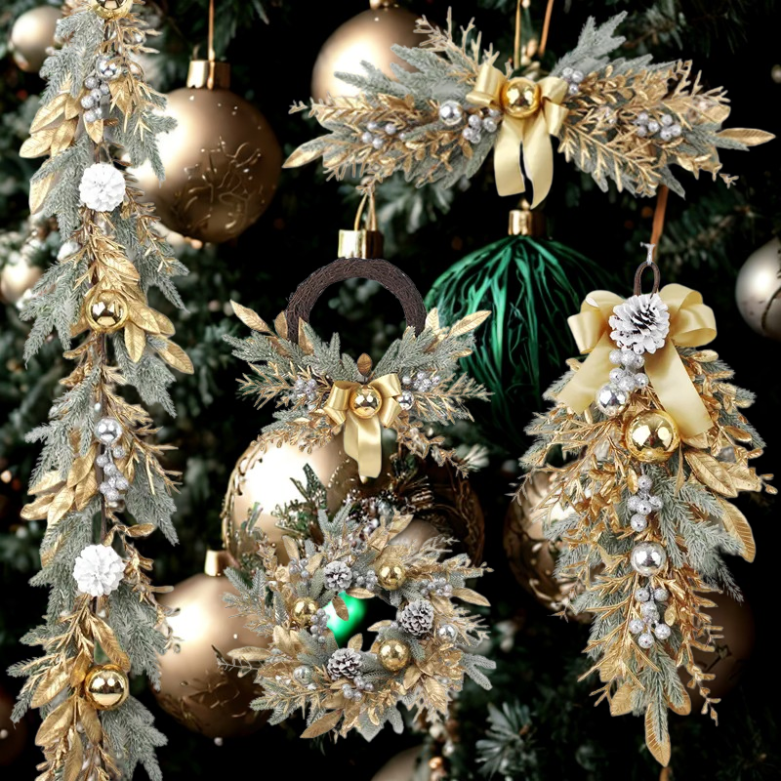 Guirlandas de Natal para porta da frente, guirlanda de Natal dourada de 18 polegadas galhos