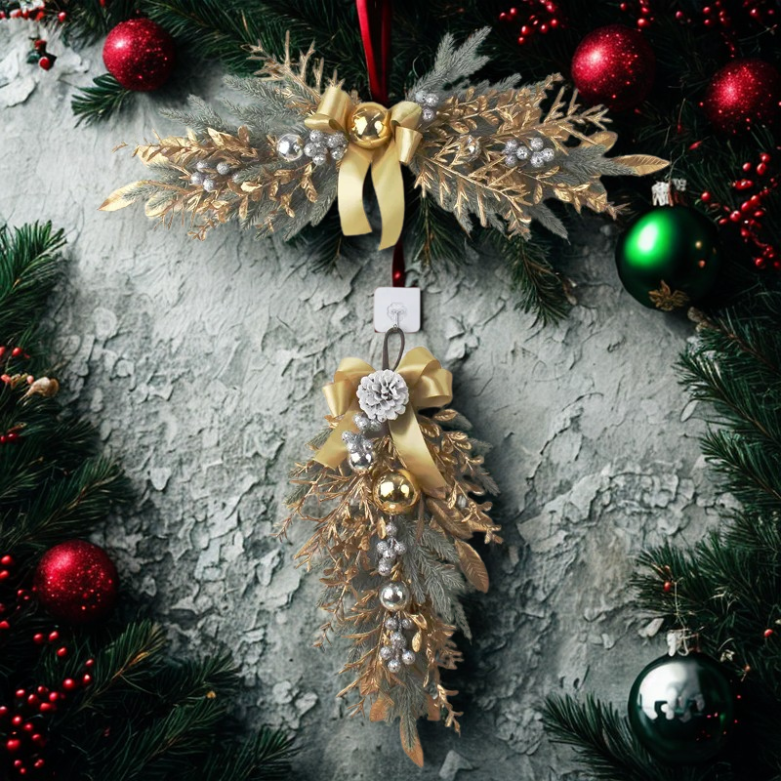 Guirlandas de Natal para porta da frente, guirlanda de Natal dourada de 18 polegadas galhos