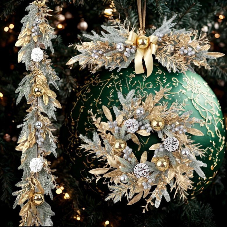 Guirlandas de Natal para porta da frente, guirlanda de Natal dourada de 18 polegadas galhos