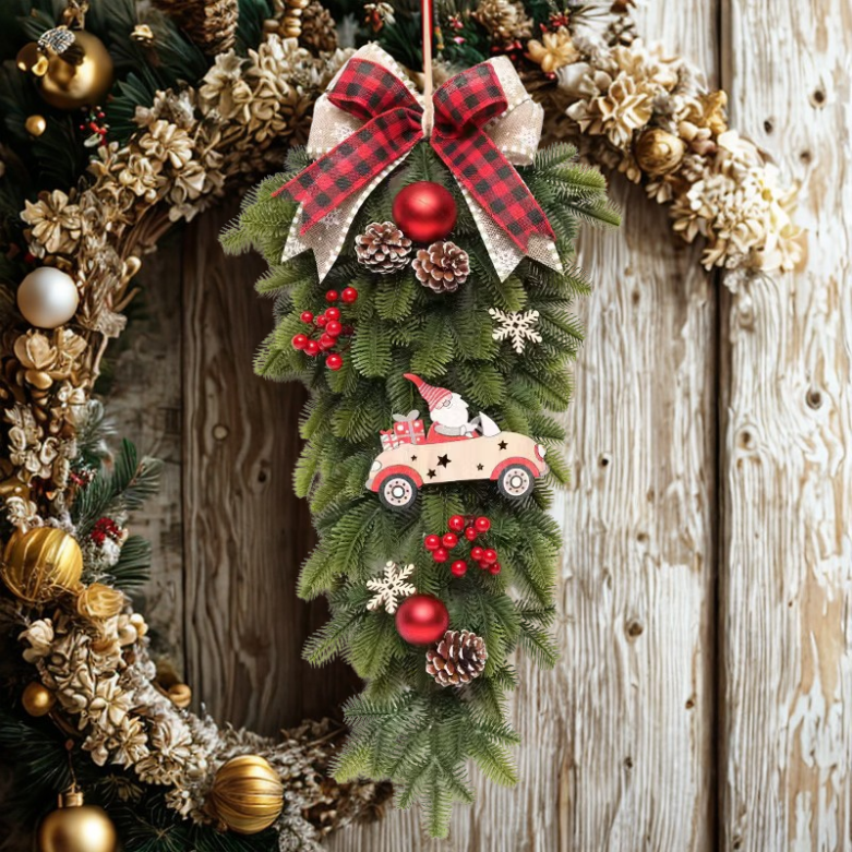 Guirlanda Natal Xadrez em cone pinheiro vermelho vigas grandes artificiais para porta Natal