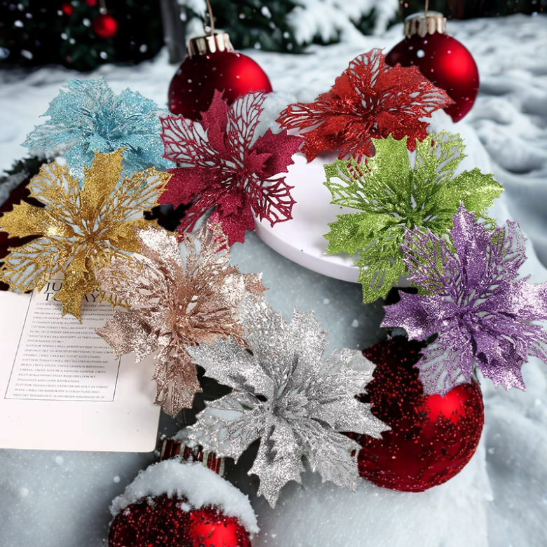 Flores pingente glitter natal 10 Peças natal de simulação de plástico decorativa de flores