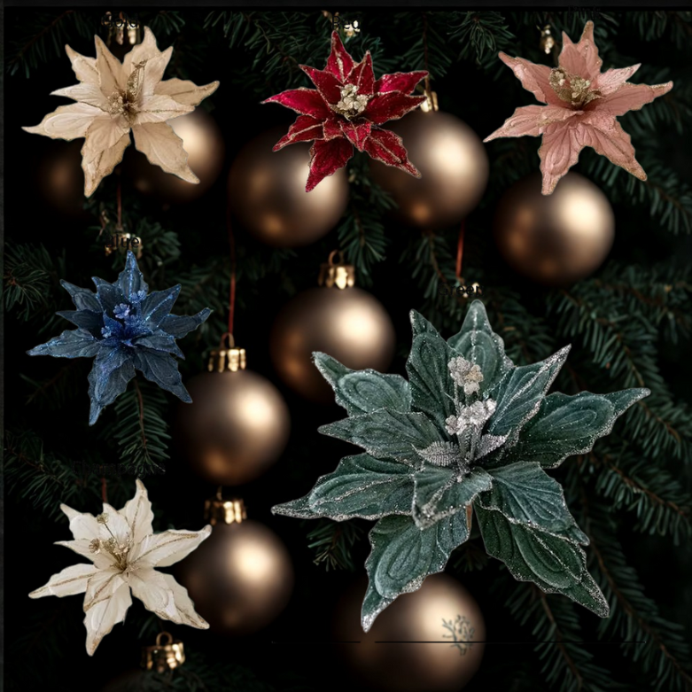 Flores com glitter de Natal 28 cm enfeites de guirlanda de árvore Natal poinsétia flor artificial