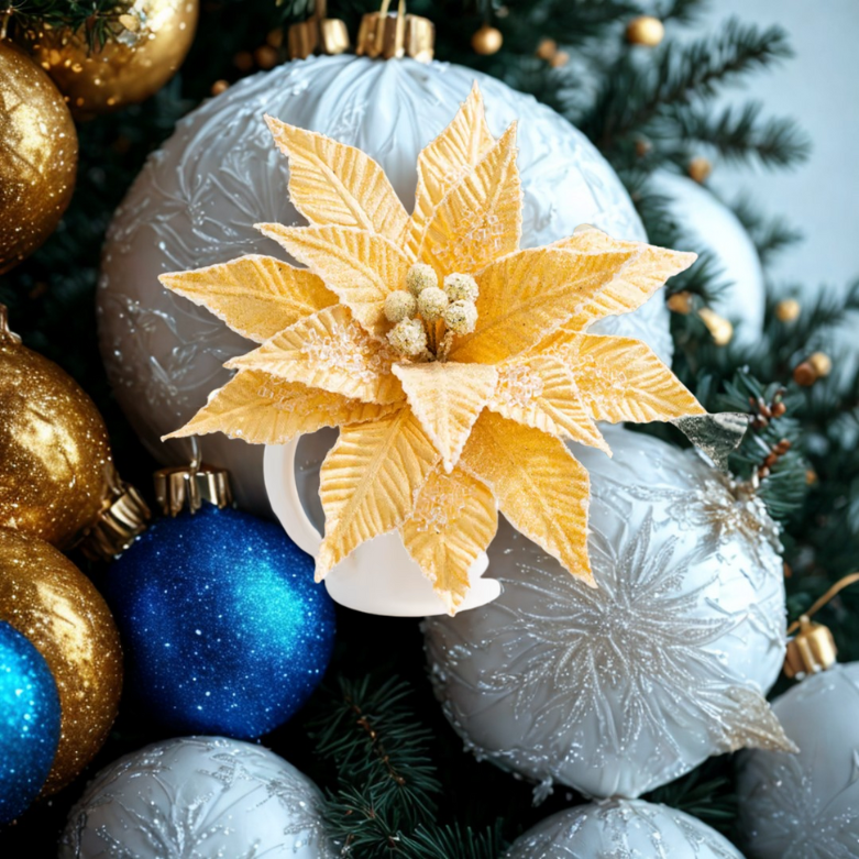 Flor De Natal Poinsétia Vermelho C/ Branco Enfeite e Árvore Terracota