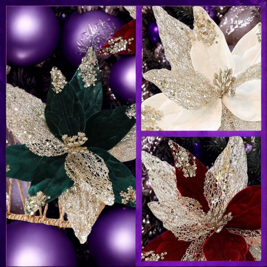 Flor Bico de Papagaio Natal Escolha Veludo Champanhe Glitter e Lantejoulas Luxo 29cm