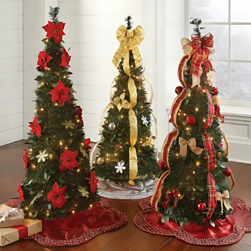 Árvore de folha azevinho pop-up ornamentos vermelhos e dourados (1,8 m) altura e verde