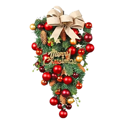 Guirlanda de porta de guirlanda artificial e guirlanda nevada natal com laço vermelho