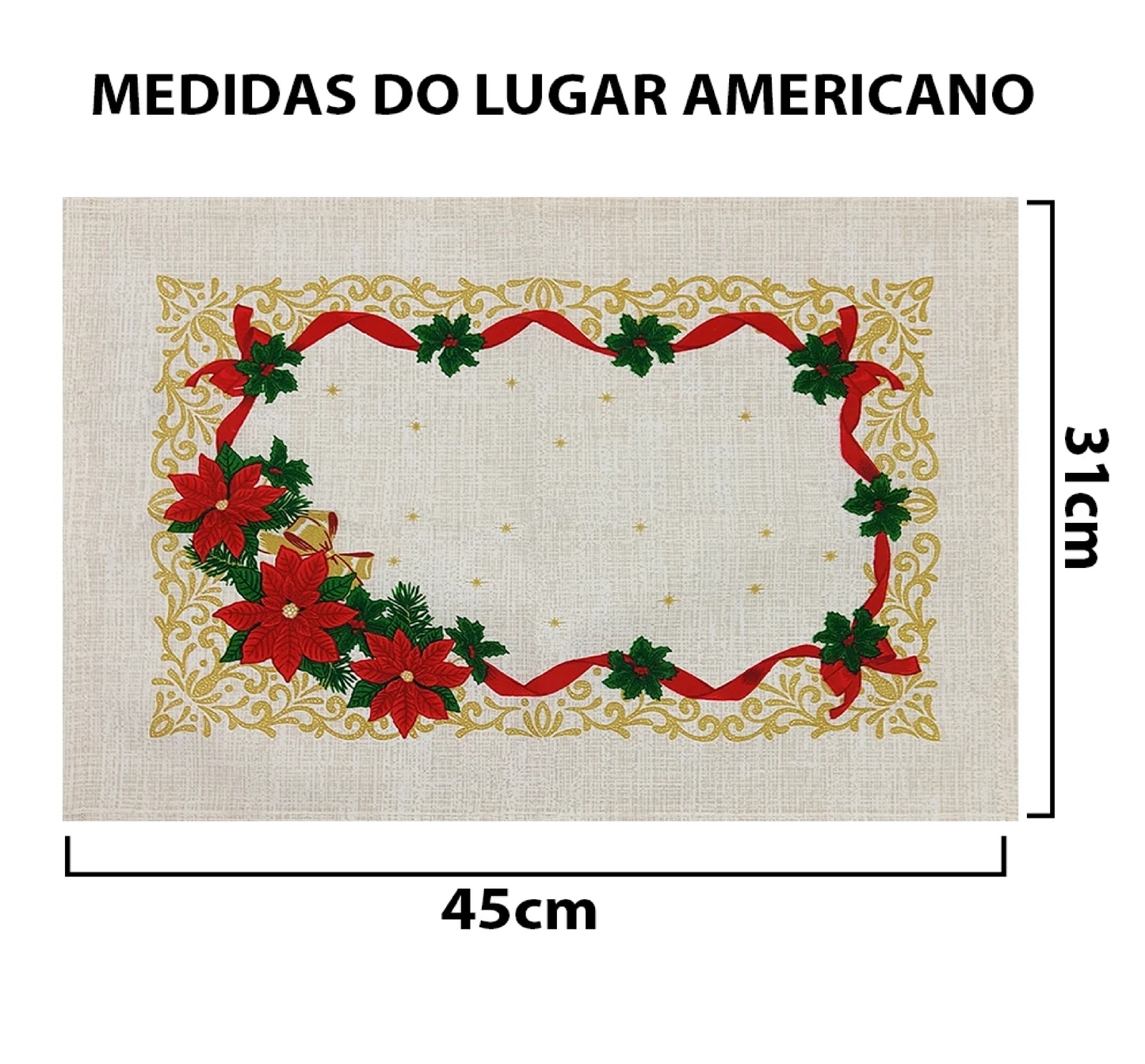 Toalha de Mesa Retangular 8 Lugares Natal Vermelho com Detalhes em Dourado