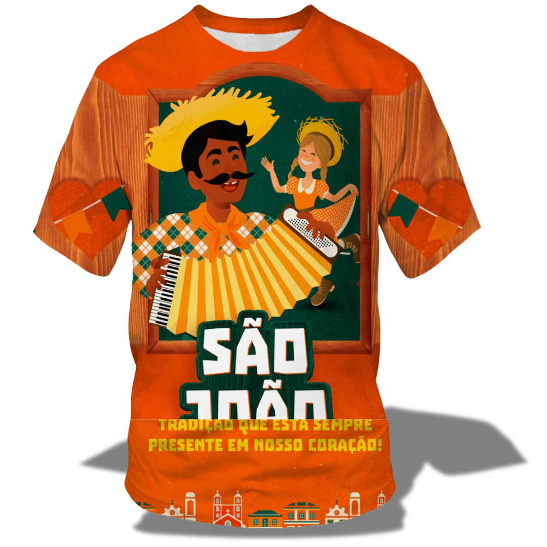 Camiseta Adulta Manga Curta Estampada Festa Junina Vermelho