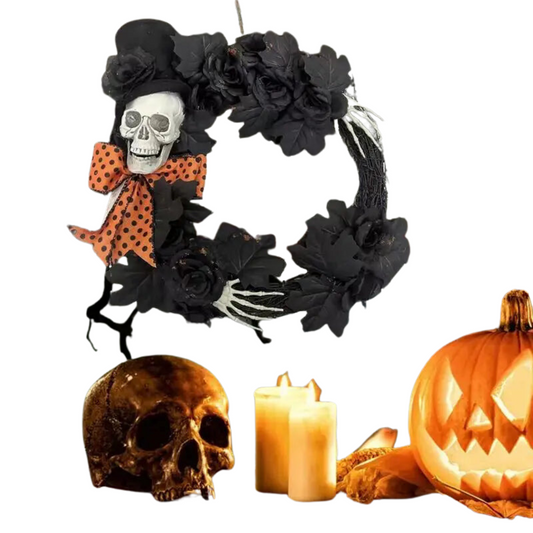 Coroa de esqueleto para porta, Coroa de Halloween assustadora para ambiente