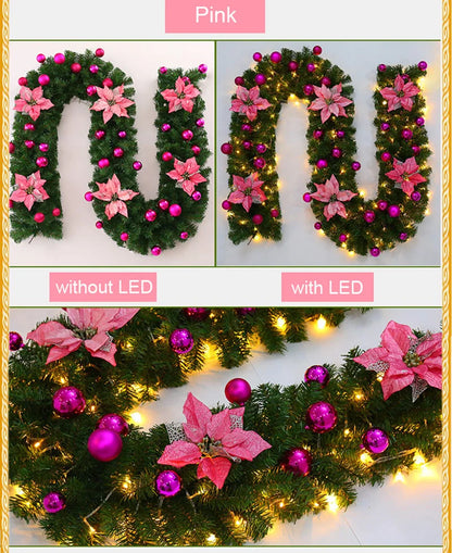 Guirlanda de Natal Artificial Pré-iluminada, Vime Verde Decorações de Flores Prateadas