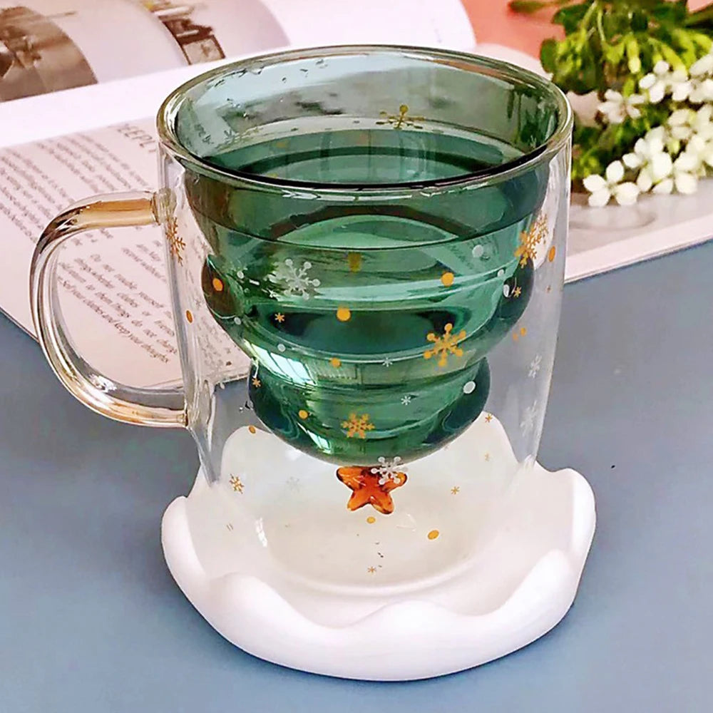 Caneca de vidro isolada de parede dupla, copo de café de Natal e copo de chá leite