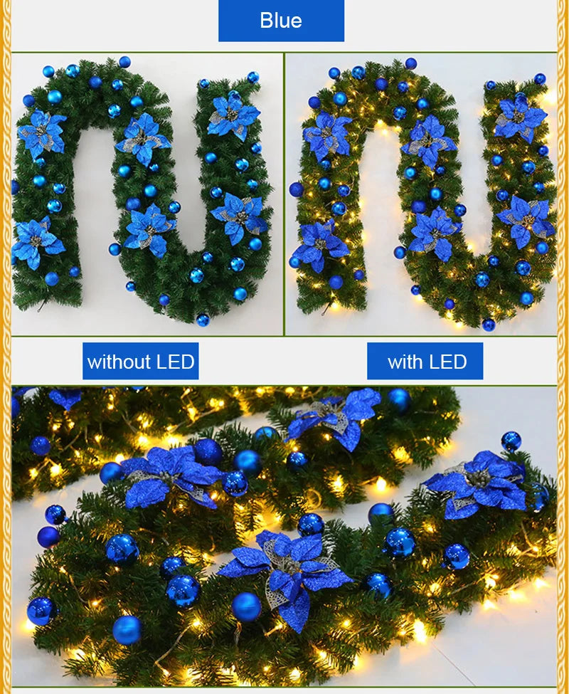 Guirlanda de Natal Artificial Pré-iluminada, Vime Verde Decorações de Flores Prateadas