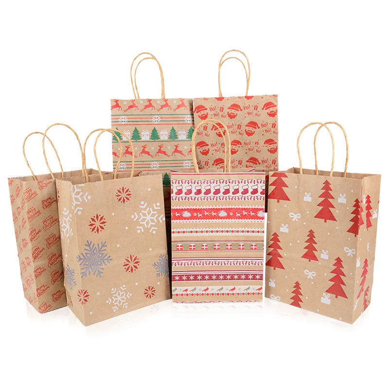 Kit de Sacolas Kraft para Embalagem e Presente - Estampa de Natal - 5 unidades -Natalina