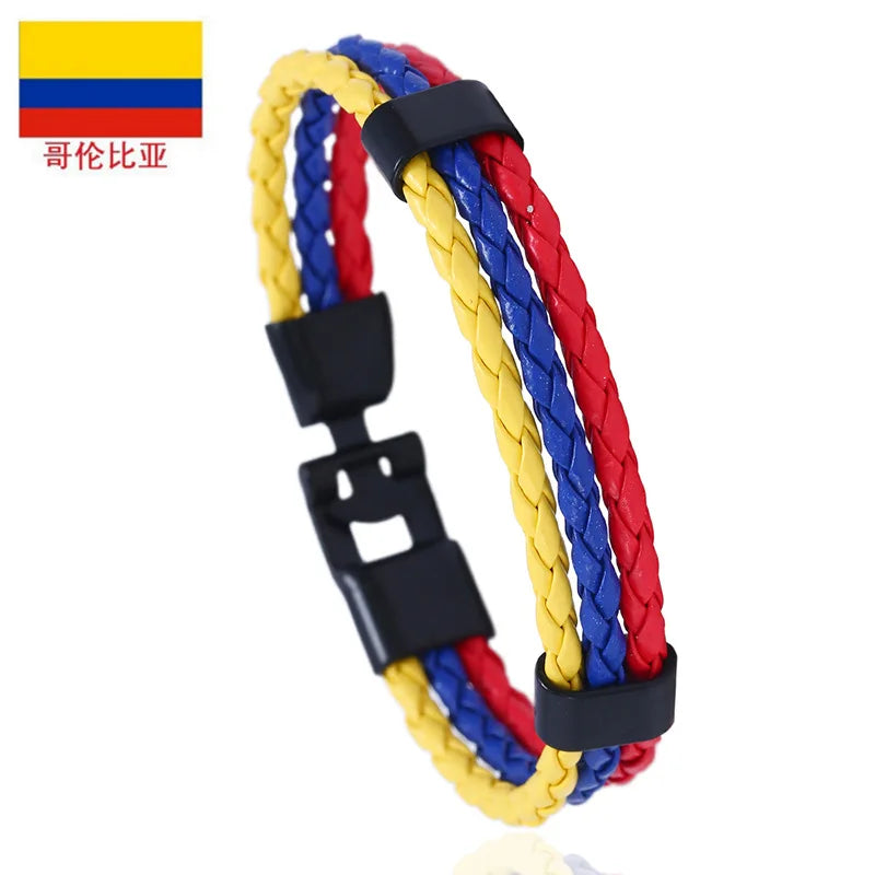 Pulseira de couro com bandeira tecida à mão multicolorido bandeira nacional PU pulseira