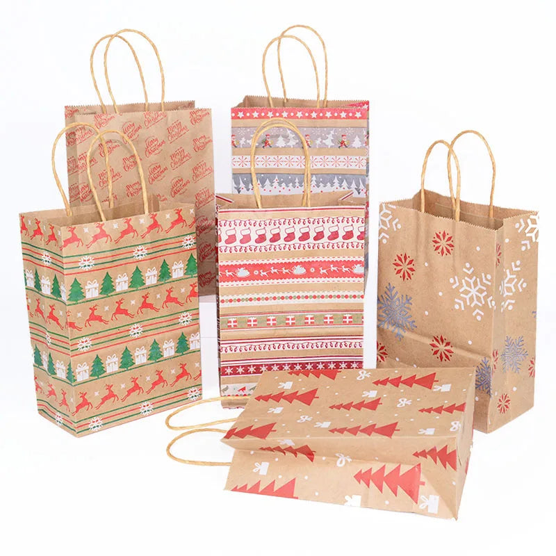 Kit de Sacolas Kraft para Embalagem e Presente - Estampa de Natal - 5 unidades -Natalina