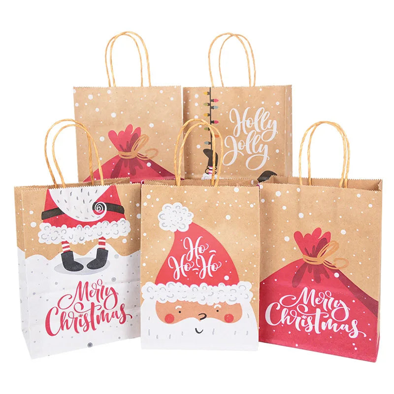Kit de Sacolas Kraft para Embalagem e Presente - Estampa de Natal - 5 unidades -Natalina