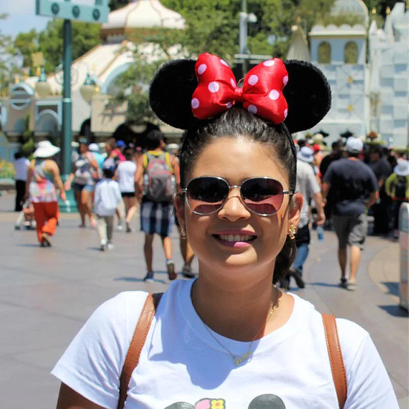 Tiara de orelhas de Disney iluminada de luxo com laço piscante e estampa de bolinhas