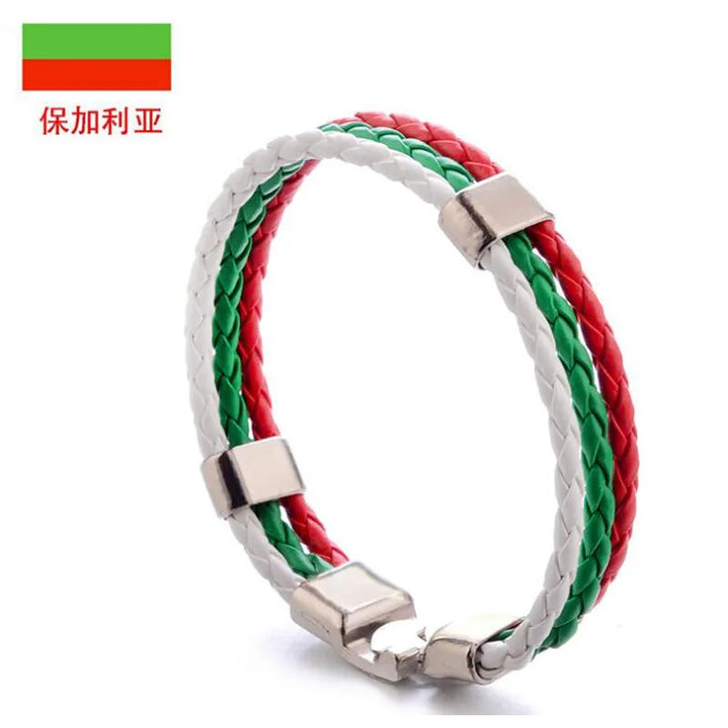 Pulseira de couro com bandeira tecida à mão multicolorido bandeira nacional PU pulseira