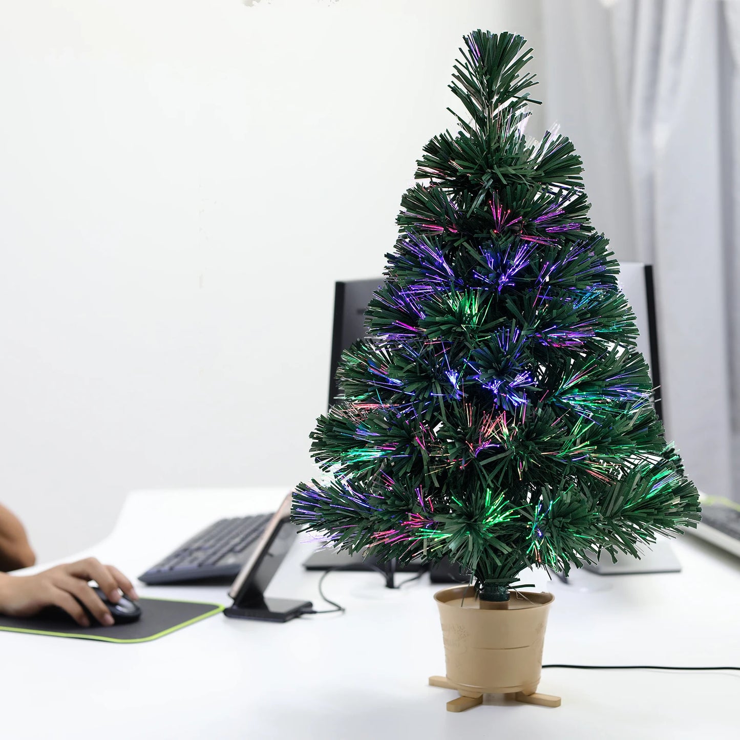 Mini árvore de Natal de mesa de fibra óptica pré-iluminada verde de 24" plantador dourado
