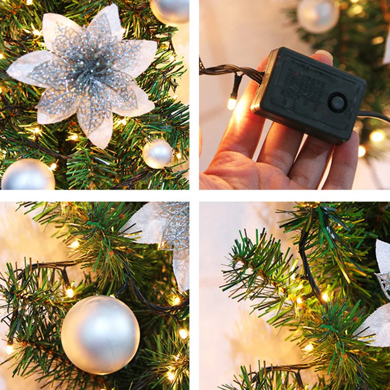 Guirlanda de Natal Artificial Pré-iluminada, Vime Verde Decorações de Flores Prateadas