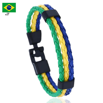 Pulseira de couro com bandeira tecida à mão multicolorido bandeira nacional PU pulseira