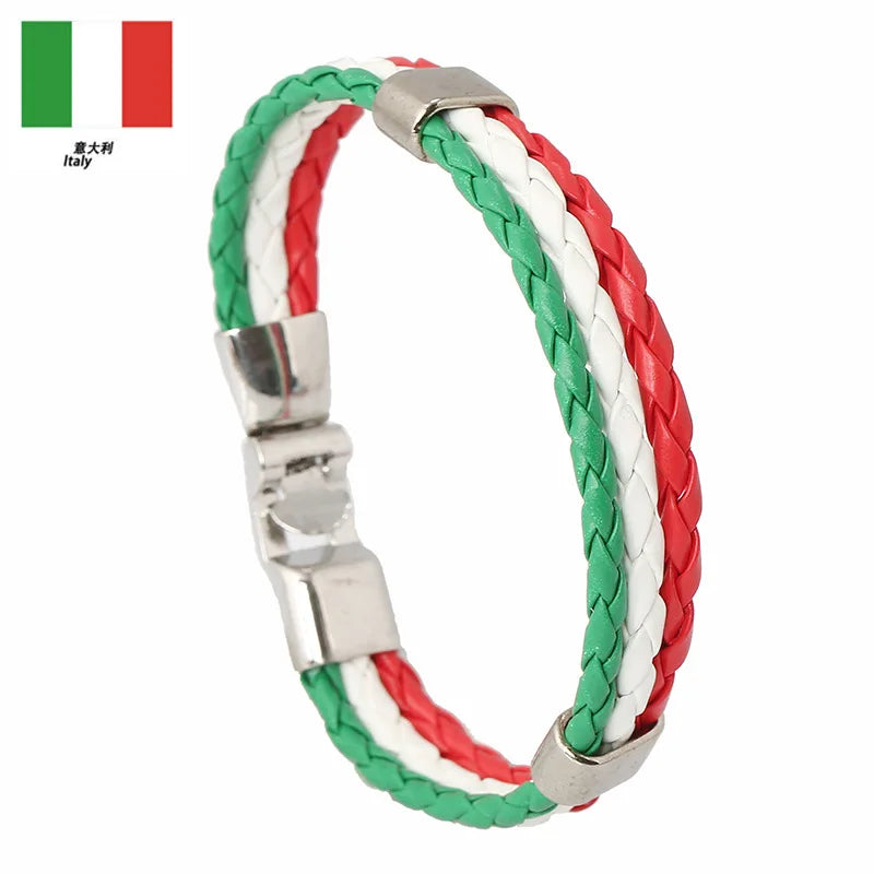 Pulseira de couro com bandeira tecida à mão multicolorido bandeira nacional PU pulseira