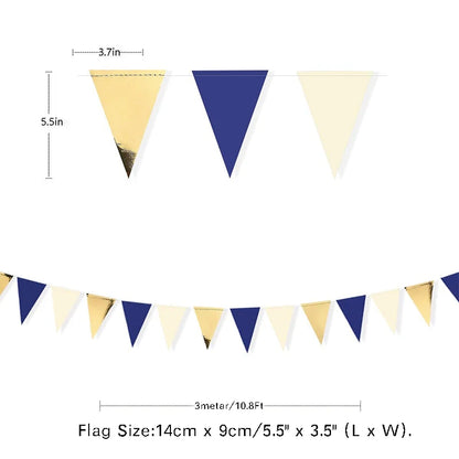 Bandeirinha triangular dourada preta de 90 cm, folha metálica, listra de bolinhas