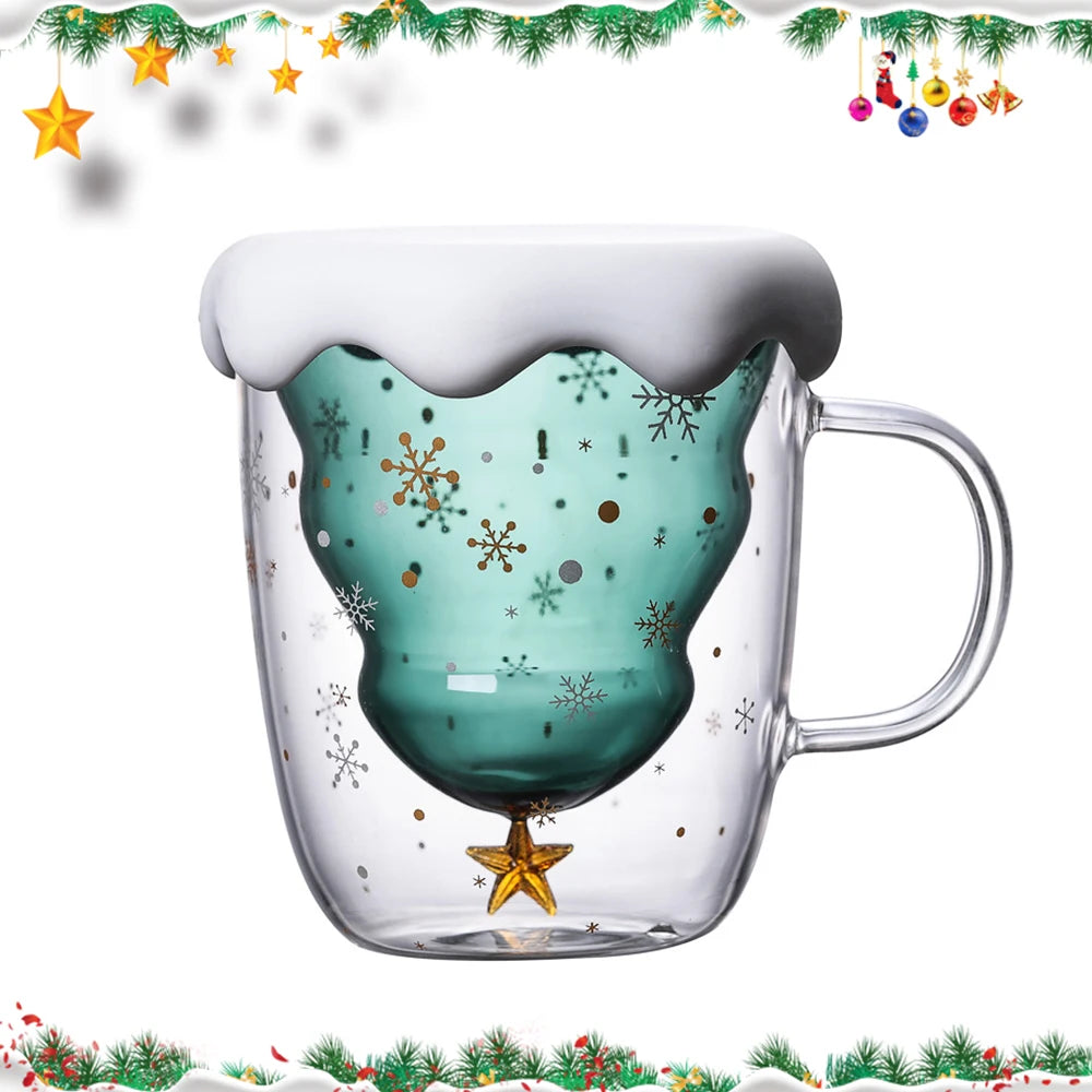 Caneca de vidro isolada de parede dupla, copo de café de Natal e copo de chá leite