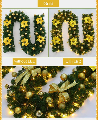 Guirlanda de Natal Artificial Pré-iluminada, Vime Verde Decorações de Flores Prateadas