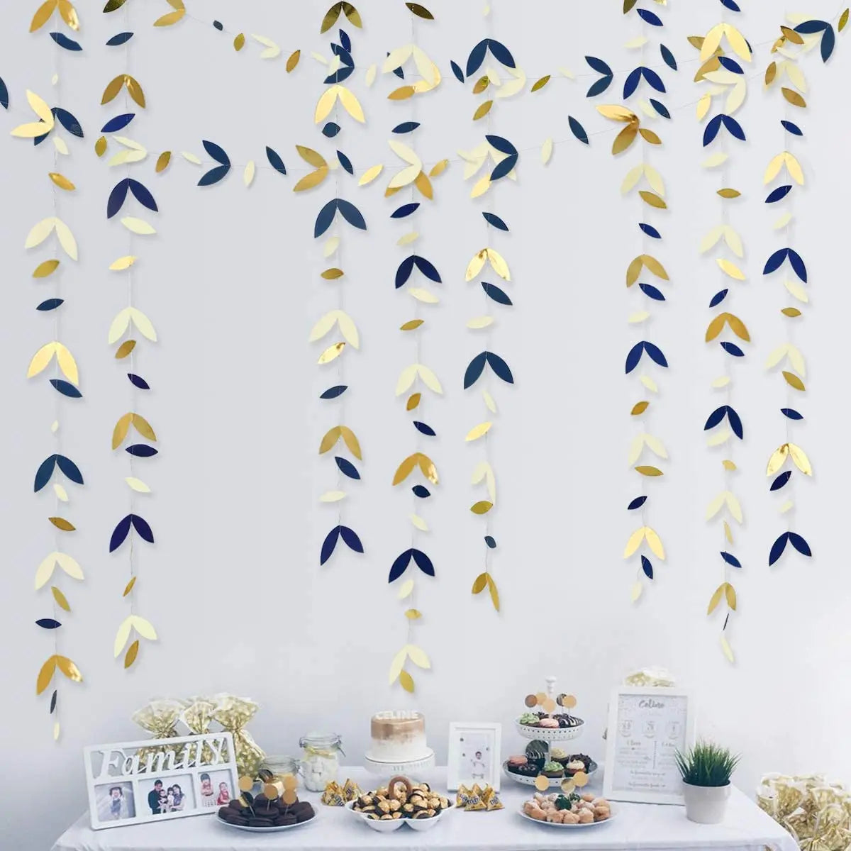 Decoração de festa de aniversário, banner de fundo azul marinho e dourado