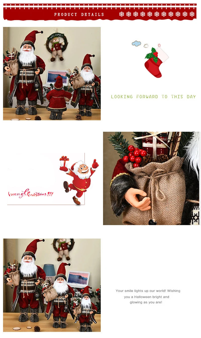 Boneco de Papai Noel em pé, enfeite de Natal para festa de Natal, lareira e férias 40cm