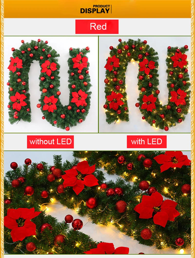 Guirlanda de Natal Artificial Pré-iluminada, Vime Verde Decorações de Flores Prateadas