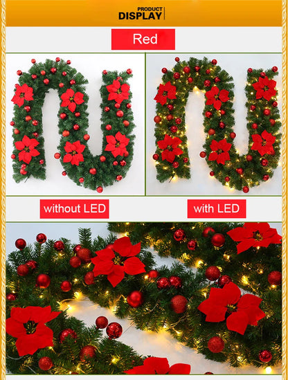 Guirlanda de Natal Artificial Pré-iluminada, Vime Verde Decorações de Flores Prateadas