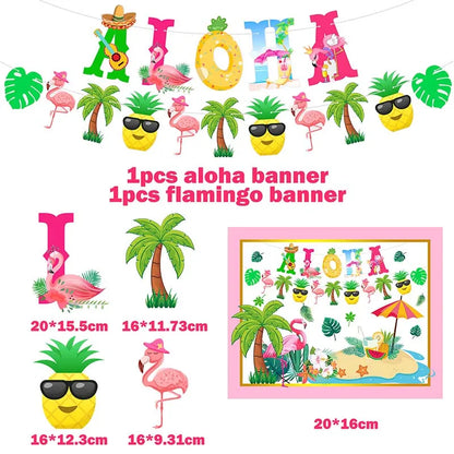 Decoração de festa havaiana flamingo, aloha, faixa de feliz aniversário e utensílios