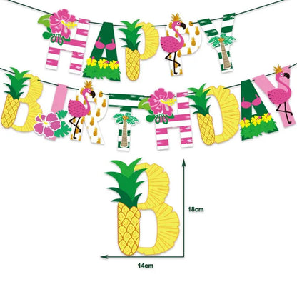 Decoração de festa havaiana flamingo, aloha, faixa de feliz aniversário e utensílios