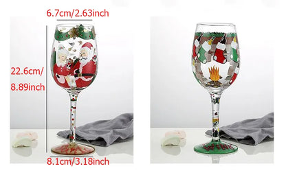 Taça de vinho pintada à mão, gnomos, árvore de Natal, Papai Noel, floco de neve