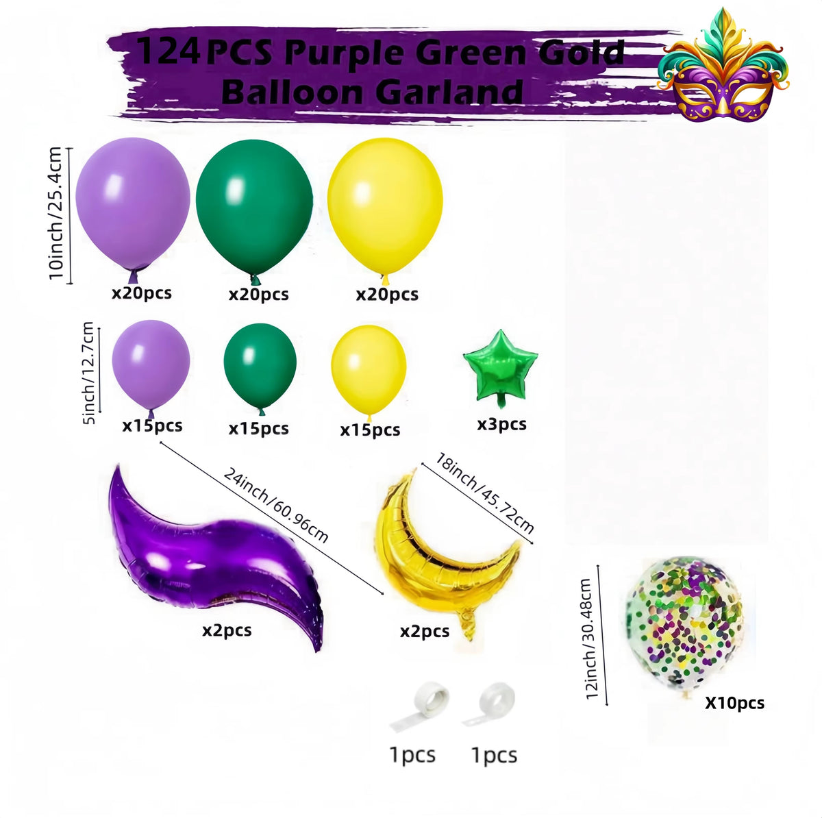 kit de Decoração com Arco de Balões Temáticos de Carnaval e Carnavalesco em Tons de Roxo, Verde e Dourado