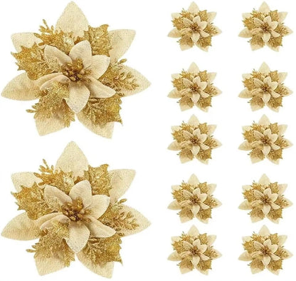 Flores de Glitter 5/10 Peças de Poinsétias de Flores de Natal, Purpurina, Poinsétia Artificial