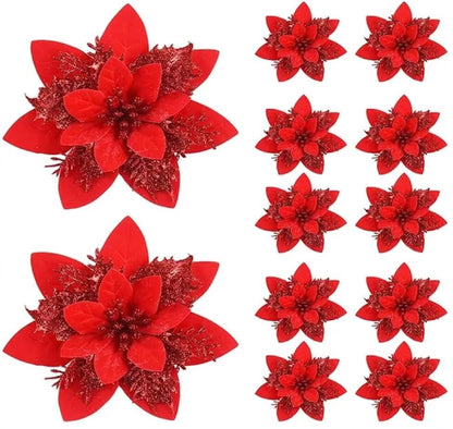 Flores de Glitter 5/10 Peças de Poinsétias de Flores de Natal, Purpurina, Poinsétia Artificial