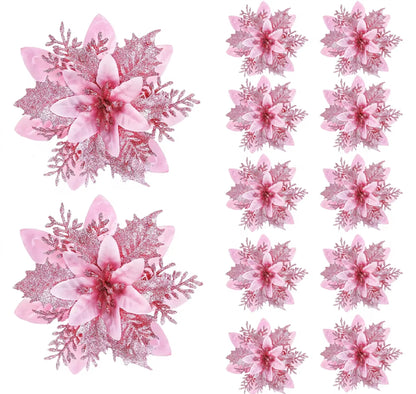 Flores de Glitter 5/10 Peças de Poinsétias de Flores de Natal, Purpurina, Poinsétia Artificial